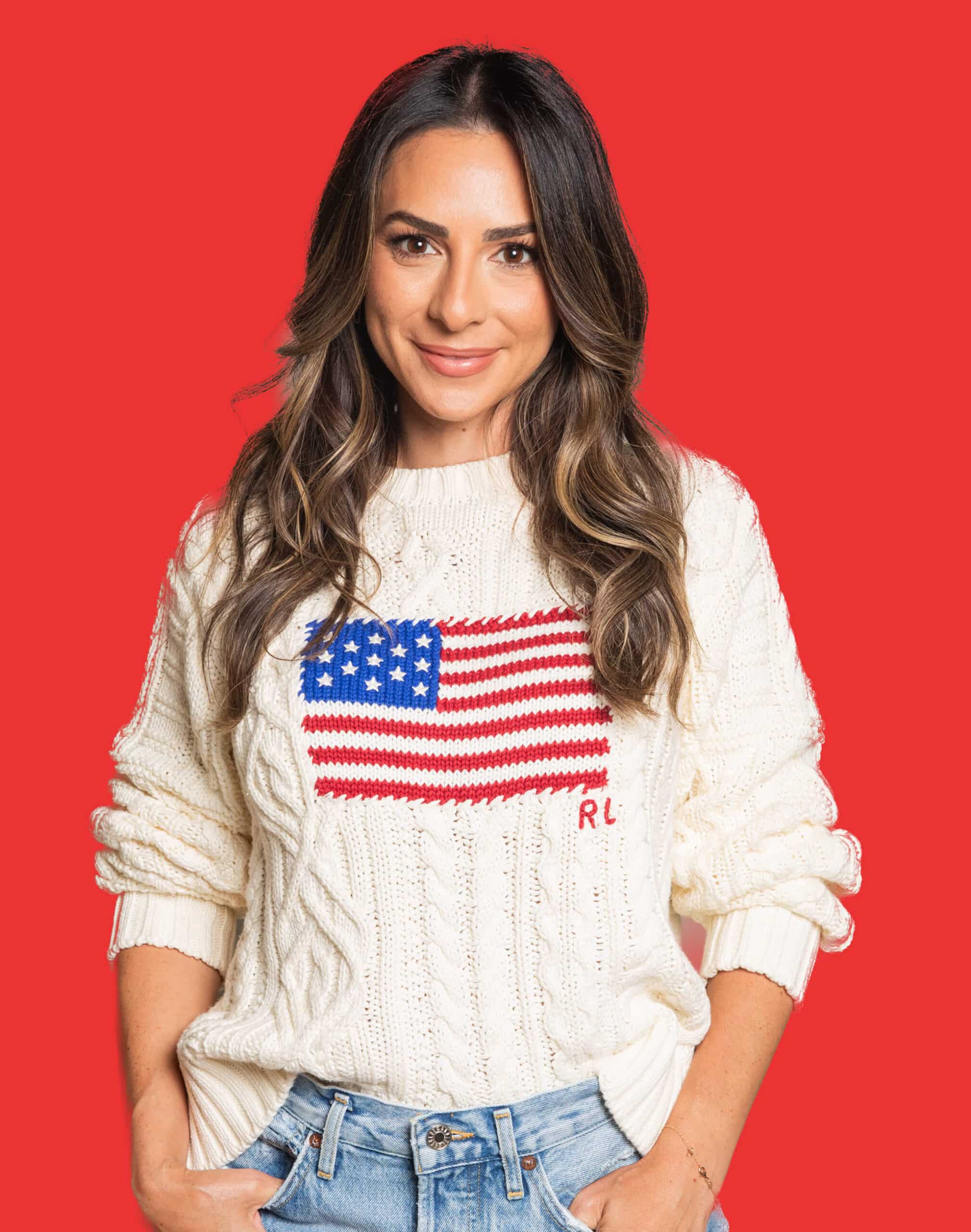 Elizabeth Barcohana wearing an American flag sweater